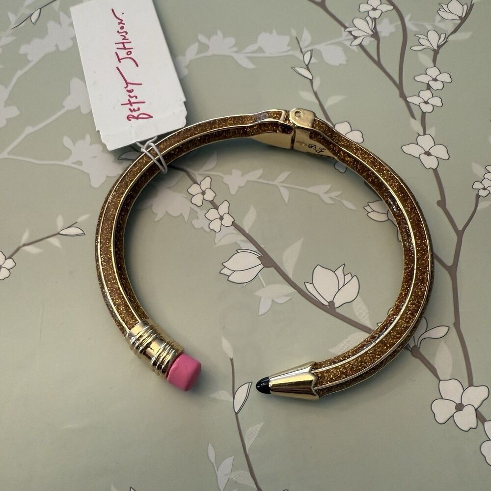 Betsey Johnson Open Hinge Enamel Pencil Bangle Bracelet Gold W Pink Eraser NEW